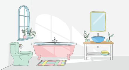 Charming Bathroom Sketch with Pastel Accents and Natural Light Creating a Relaxing Atmosphere