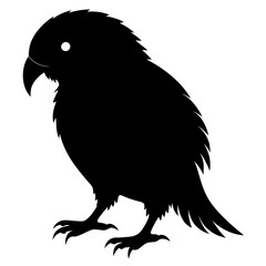 Black silhouette of a small parrot with detailed feathers, standing on its feet