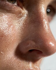 Fototapeta premium Macro close-up of oily facial skin showing visible pores and natural shine on the nose area under daylight.