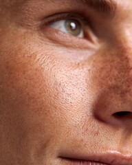Obraz premium Macro close-up of oily facial skin showing visible pores and natural shine on the nose area under daylight.