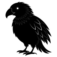 Black silhouette of a stylized bird with sharp feathers and a prominent beak, standing on its clawed feet