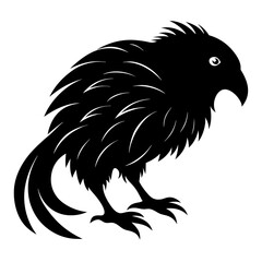 A striking black silhouette of a bird with detailed, spiky feathers and a forwardfacing beak, captured in profile on a