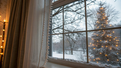 Cozy winter window lace curtain snow landscape tree lights warm glow holiday season indoor view quiet evening serene mood