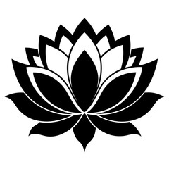 A striking black silhouette of a lotus flower, representing spiritual awakening and inner peace, presented on a pure white backdrop for easy integration into various projects