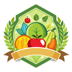 Healthy fresh fruits and vegetables arranged in a hexagonal badge with a ribbon banner for text, representing organic food and healthy eating