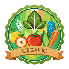 Assortment of fresh organic fruits and vegetables in a circular badge with a ribbon banner, symbolizing healthy eating and natural produce