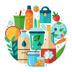 A vibrant circular composition showcasing a variety of healthy food and drink items, including fruits, bottles, and reusable cups, promoting a sustainable and organic lifestyle