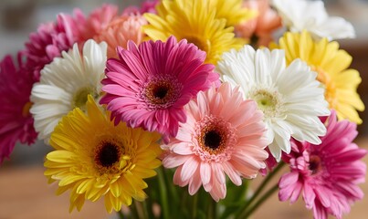 a vibrant bouquet of colorful gerbera daisies, arranged in an aesthetically pleasing composition. the flowers feature bright colors like pink, yellow, and white, with delicate petals that add depth to