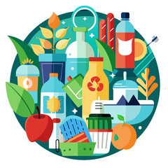 A vibrant circular composition of various reusable containers, bottles, fruits, and cleaning supplies, promoting a sustainable and ecoconscious lifestyle with a focus on reducing waste