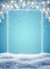 Cozy blue winter Christmas poster featuring falling snow and frosty pine branches framing copyspace