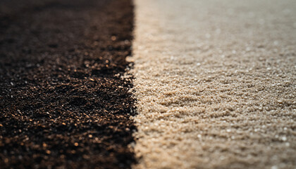 Close-up of a stark contrast between dark soil and light sand, divided by a sharp line.