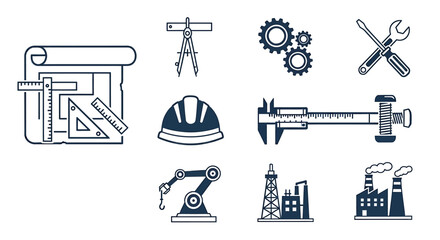 Fototapeta premium Engineering and Construction Icons Collection Blueprint, Tools, and Industrial Symbols