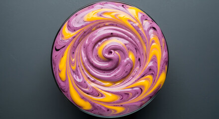 Top-down close-up of thick, creamy yogurt or fruit smoothie base swirled abstractly with vibrant purple (berry) and yellow (mango/banana) colors, suggesting health, flavor, and dessert