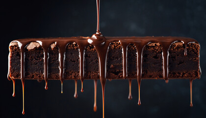 Decadent chocolate brownie with dripping fudge sauce against a dark background.
