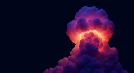 Stunning 3D render of a stylized mushroom cloud formation with a vibrant neon light core (orange to red) surrounded by purple/blue smoke, symbolizing explosion, danger, or raw power