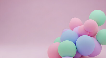Abstract 3D render of a pile of soft-colored spheres (pink, mint, blue, lilac) clustered on the right side of a matching pink background, leaving ample copy space for text or overlay