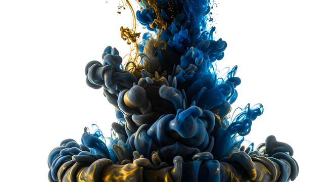 Dramatic visualization of vibrant blue and molten gold liquid ink exploding underwater on a white background, creating an abstract, billowing cloud of color and movement