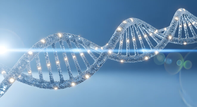 Advanced 3D render of a luminous, crystal-like DNA double helix structure, featuring glowing data points and lens flare on a clean blue background, symbolizing genetics, research, and biotechnology