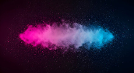 Dynamic explosion of fine powder or dust forming a horizontal beam shape, illuminated by vibrant neon pink and cyan/blue light, isolated dramatically against a dark background, perfect for banners