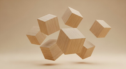 Abstract 3D render of multiple light wood grain cubes floating dynamically against a minimal beige background, ideal for construction, design, or abstract geometric concepts with natural elements