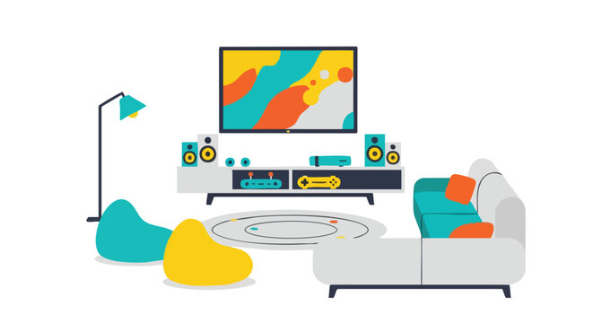 Modern Living Room with Media Center and Colorful Accents in a Flat Vector Style Design