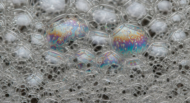 Extreme macro close-up of soap foam bubbles forming a continuous hexagonal pattern, showing iridescent rainbow colors on the film surface, symbolizing chemistry, science, and cleanliness