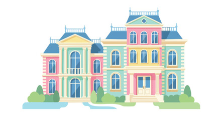 Fototapeta premium Colorful Victorian Mansion Illustration with Detailed Architecture and Pastel Hues creating a whimsical and elegant vintage style design