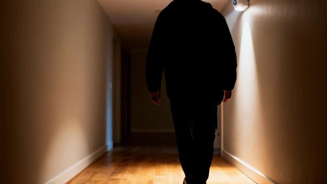 Medium shot of motionactivated smart lighting in a hallway capturing automatic illumination triggered by movement for security and convenience.