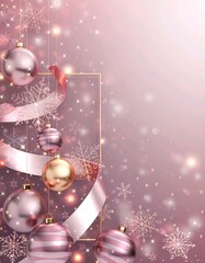 Pastel pink Christmas poster featuring elegant rose-gold ornaments in modern feminine holiday style