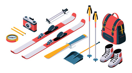 Essential winter sports equipment illustrated in isometric style, including skis, boots, and accessories, ideal for snow sports graphics, winter lifestyle design, and outdoor activity vector artwork