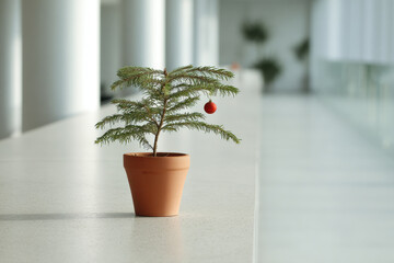 small christmas tree in terracotta pot adorned with single ornament embodying minimalist holiday spirit