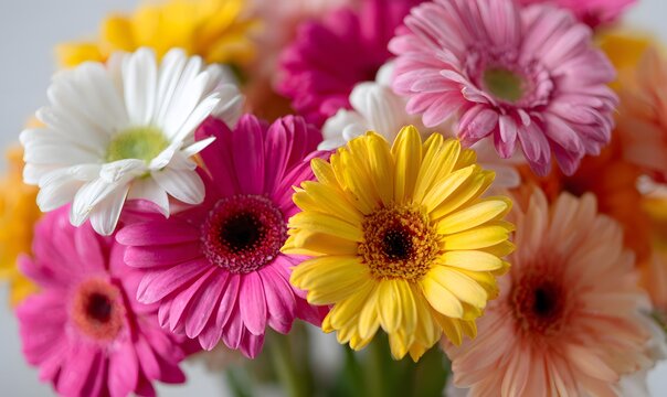 a vibrant bouquet of colorful gerbera daisies, arranged in an aesthetically pleasing composition. the flowers feature bright colors like pink, yellow, and white, with delicate petals that add depth to
