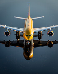 A symmetrical head-on view of a golden passenger airplane with its perfect reflection on a dark, glossy surface.