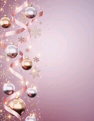 Pastel pink Christmas poster featuring elegant rose-gold ornaments in modern feminine holiday style