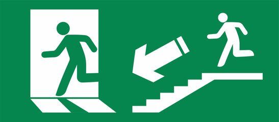 Safety Sign for an Emergency Exit. emergency exit sign on a door. Emergency Exit Sign Downstairs. Green and white emergency exit sign with a downward arrow, a running person pictogram. 