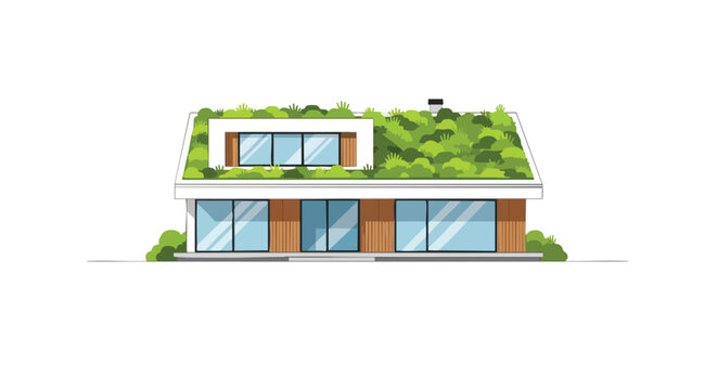 Conceptual architectural rendering showcasing a modern house featuring an eco-friendly green roof and expansive windows