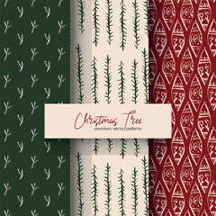 Christmas seamless pattern set with pine branches ornaments and festive hand drawn elements for winter design projects