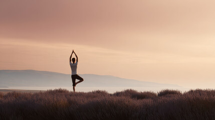 man stands gracefully in tree pose against backdrop of breathtaking sunset