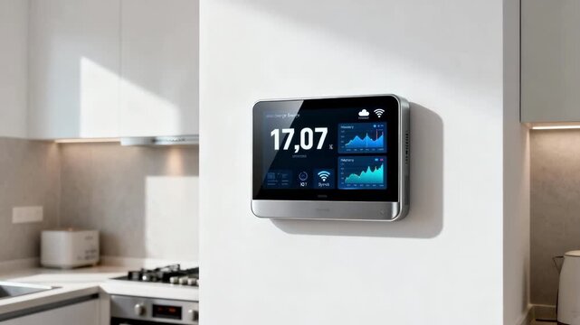 Medium shot of a smart energy meter installed in a household displaying realtime usage with digital screens and connected IoT technology for efficient monitoring.