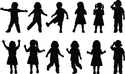 Children silhouette vector, kids movement poses, walking jumping waving, casual outfit, black outline, cad drawing flat vector illustration