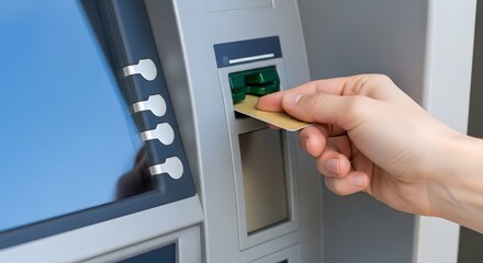 Hand Inserting Credit Card into ATM Machine Slot for Banking Financial Transaction
