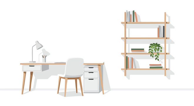 Clean and minimalist workspace featuring a desk with lamps and a bookshelf against a white background showcasing organized simplicity