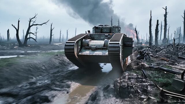 Cratered ground bears tracks from heavy combat vehicles amidst ruined