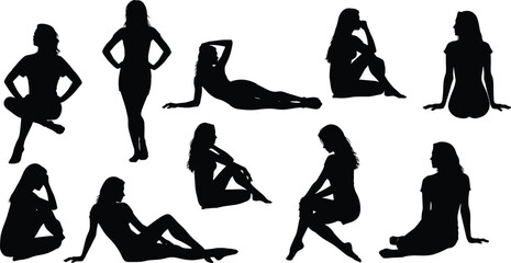 Seated human silhouette vector, sitting poses collection, relaxed posture, cross-legged, reclined figure, black outline, cad drawing flat illustration
