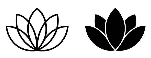 Minimalist icon, lotus flower vector, black and white, outline and silhouette