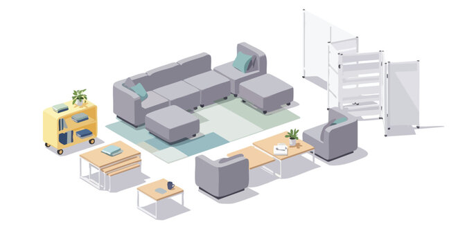 Isometric office arrangement featuring modular sofa, coffee tables, and mobile bookcase suggesting a versatile workspace environment