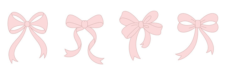 Cute pink hand-drawn bow set with ribbons, minimalist bowknot illustrations for weddings, birthdays, Christmas cards, posters, gifts, frames, vintage coquette style, and doodle sketch elements