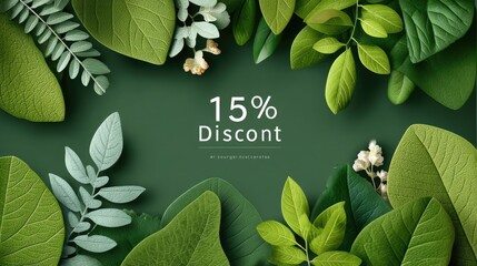 Green Leaves Frame with Discount Announcement for Promotions and Sales