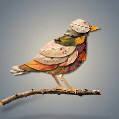 Artistic bird crafted from colorful autumn leaves perched on a bare branch against a grey background.