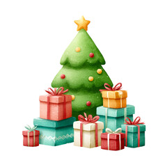 Fototapeta premium 透明背景（png）にクリスマスツリーとたくさんのプレゼント箱の水彩イラスト